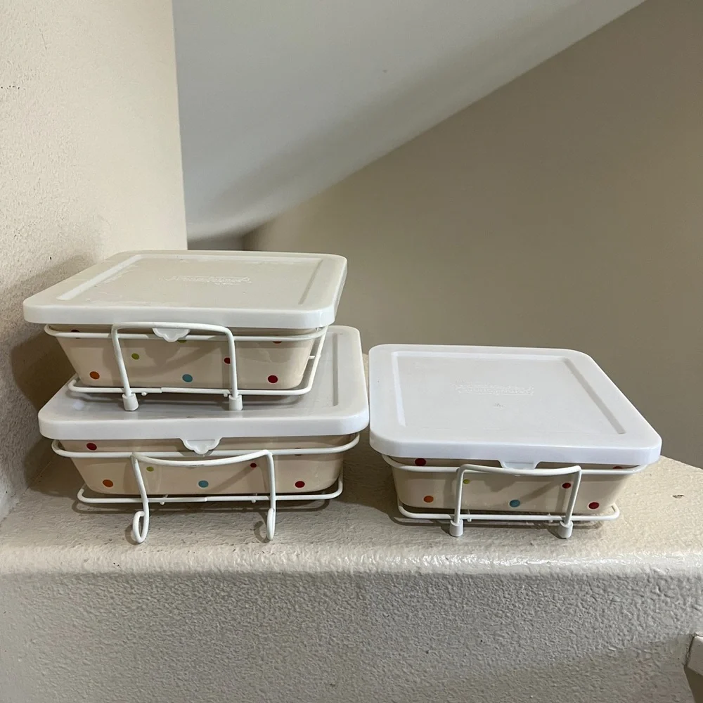 Rare 3 Set Polka Dots Temp-tations Casserole Ovenware Dishes & Rack‎